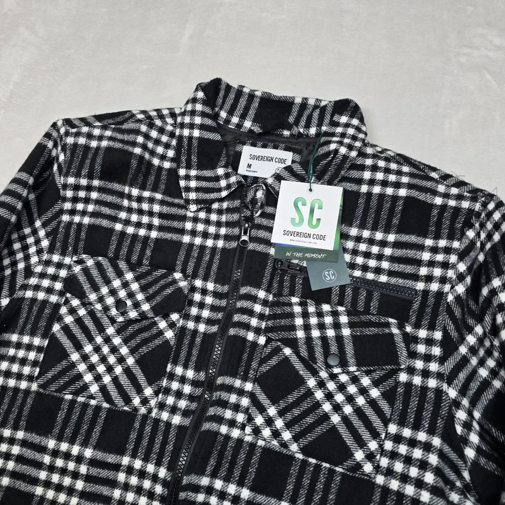 Sovereign Code Shirt Jacket Mens Medium Black‎ White Plaid Quilted Lined Zip NEW